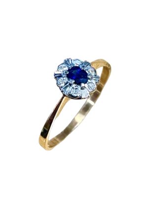 Korusormus 14k kultaa sinisafiirilla ja timanteilla koko 18,5 SI2030