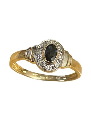 Korusormus sinisafiirilla ja timanteilla, koko 18,5 keltakulta S99HV