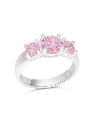 Hopeinen 3 kivinen kastesormus pinkeillä zirkoneilla