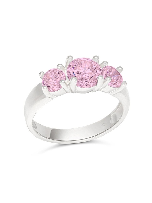 Hopeinen 3 kivinen kastesormus pinkeillä zirkoneilla