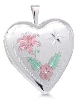 Hopeamedaljonki sydän 21mm kukka