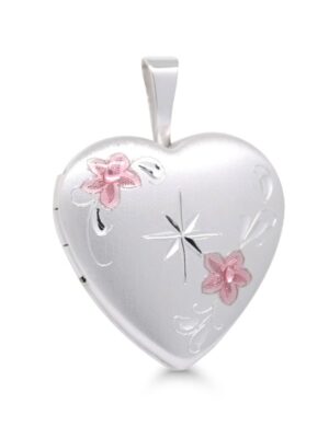 Hopeamedaljonki sydän 17mm kukat ja tähti