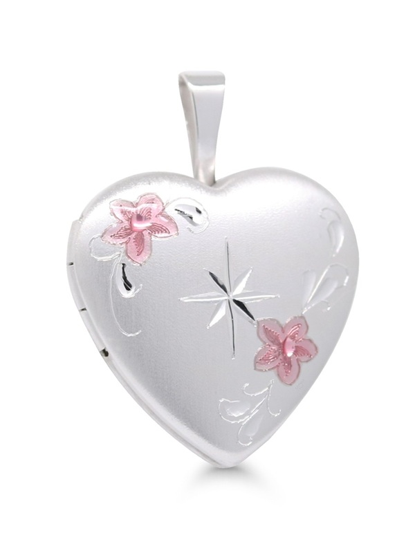 Hopeamedaljonki sydän 17mm kukat ja tähti
